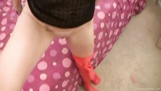 Slender dark hair models inside stockings then gets boned