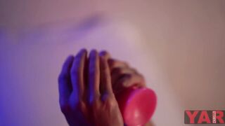 Skank in Rubber Mask Jerks off with a Long Vibrator at Home
