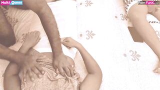 FFM 3-Way. Next Door Fucking her Stepsister while she is Watching &
