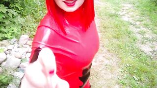Beautiful Selfie with two Rubber Catsuits, Red and Ebony