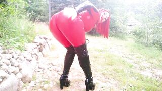 Beautiful Selfie with two Rubber Catsuits, Red and Ebony