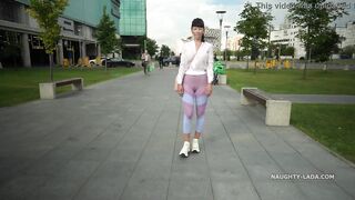 Transparent pants and sheer shirt into outdoor