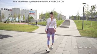 Transparent pants and sheer shirt into outdoor