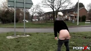 Chesty old Bree peeing into the outdoor