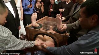 Bimbo into wooden glass box outdoor pounded