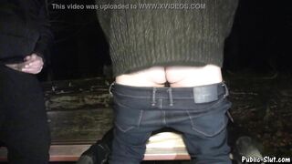Dogging bimbo Jessica creampied by strangers on a park bench