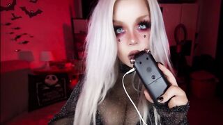 ASMR BLONDE WITH LONG MELONS PLAYS WITH SALIVA