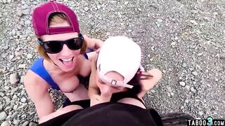 18 Year Old Lana Mars sharing stepdads huge dick outside with cougar