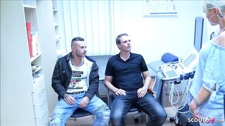 German cougar Nurse tricked to 3 Way by two Men inside