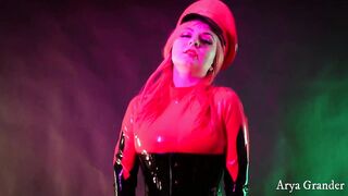 Red Rubber Latex Catsuit Posing 4k Bondage Scene