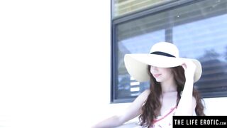 Adorable dark hair talks about her Goddess experiences as she masturbates