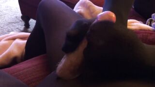 Nylon Toes Bimbo makes him Cum with her Tights Toes