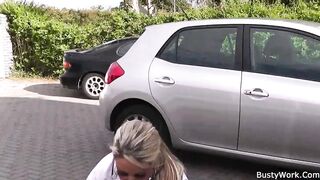 Chubby woman at work spreads legs for long dick