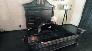 Pvc Ebony Rubber Catsuit Backstage Movie, Thigh High Boots and