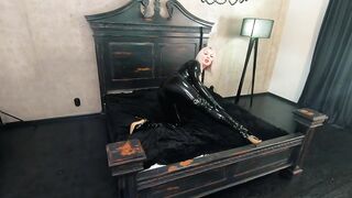 Pvc Ebony Rubber Catsuit Backstage Movie, Thigh High Boots and