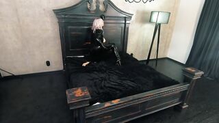 Pvc Ebony Rubber Catsuit Backstage Movie, Thigh High Boots and