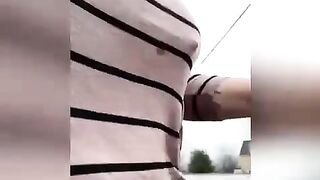 Driving while Having Fun with Milky Breasts & Unshaved Cunt