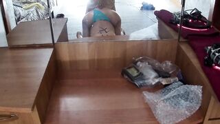 Older mom inside a G-String Polishes the Floor and Stepson's
