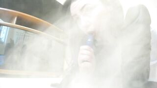 Smoking bondage with large brown vibrator hand job!