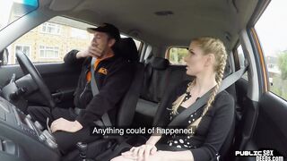 Angry british Beauty rides her real driving instructor into vehicle