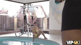 VIP4K. Dark Hair automatically spreads legs when she sees a african