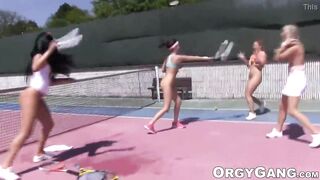 Barely Legal participate into public dyke group sex after tennis match
