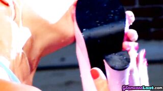 Heeled glamour dykes finger and lick inside pool