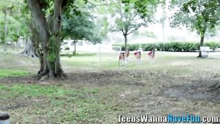 Uniformed teenagers suck dongs into foursome