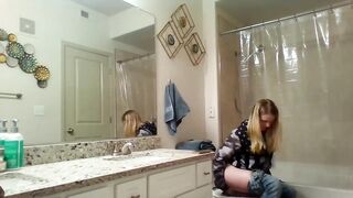 Voyeur cunt with mouth taking photos and masturbating in the sho