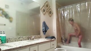 Voyeur cunt with mouth taking photos and masturbating in the sho