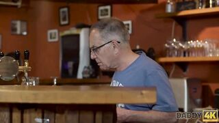 DADDY4K. Stocky mature man properly fucks sons black-haired GF on table