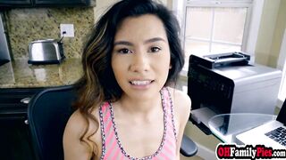Petite Asian 19 year older Christian Charity fucking her stepfather behind moms