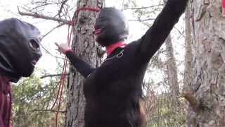 Bound to a Tree on a Hottie Outfit, Masked and Outdoors Deeply