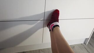Her Gorgeous Legs inside Red Striped Socks are Dirty