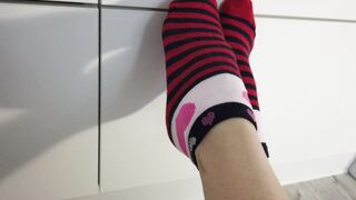 Her Gorgeous Legs inside Red Striped Socks are Dirty