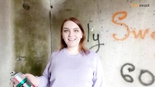 Painted graffiti and fuck next to a motorcyclist (Russian, cum