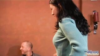 Dark Haired women taking 2 older man