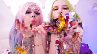 two Oily Adorable Inked Lesbians Girls with Buttplugs makes Dirty Rave Party