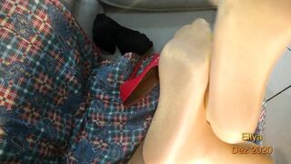 Chubby cougar tease you in double layer shiny pantyhose