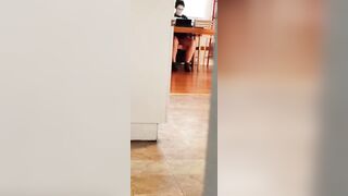 Spying turned on pussy with mouth watching porn and masturbating under table