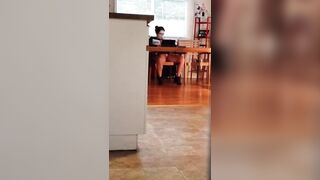 Spying turned on pussy with mouth watching porn and masturbating under table