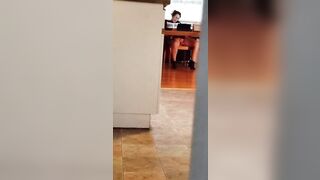 Spying turned on pussy with mouth watching porn and masturbating under table