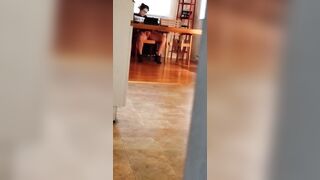 Spying turned on pussy with mouth watching porn and masturbating under table