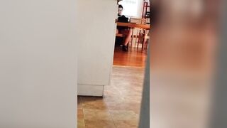 Spying turned on pussy with mouth watching porn and masturbating under table
