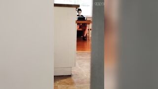Spying turned on pussy with mouth watching porn and masturbating under table