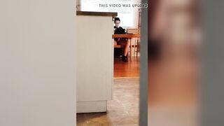 Spying turned on pussy with mouth watching porn and masturbating under table