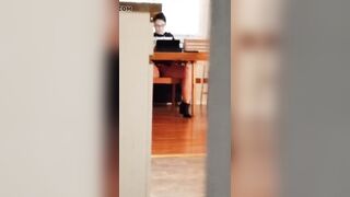 Spying turned on pussy with mouth watching porn and masturbating under table