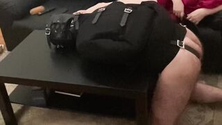 Spanking and Finger Fuck my slave inside Heterosexual Jacket Fetish over a Table