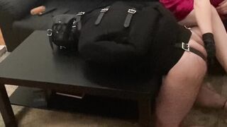 Spanking and Finger Fuck my slave inside Heterosexual Jacket Fetish over a Table