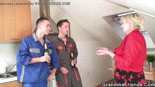 Long jugs mature old lady satisfy 2 workers